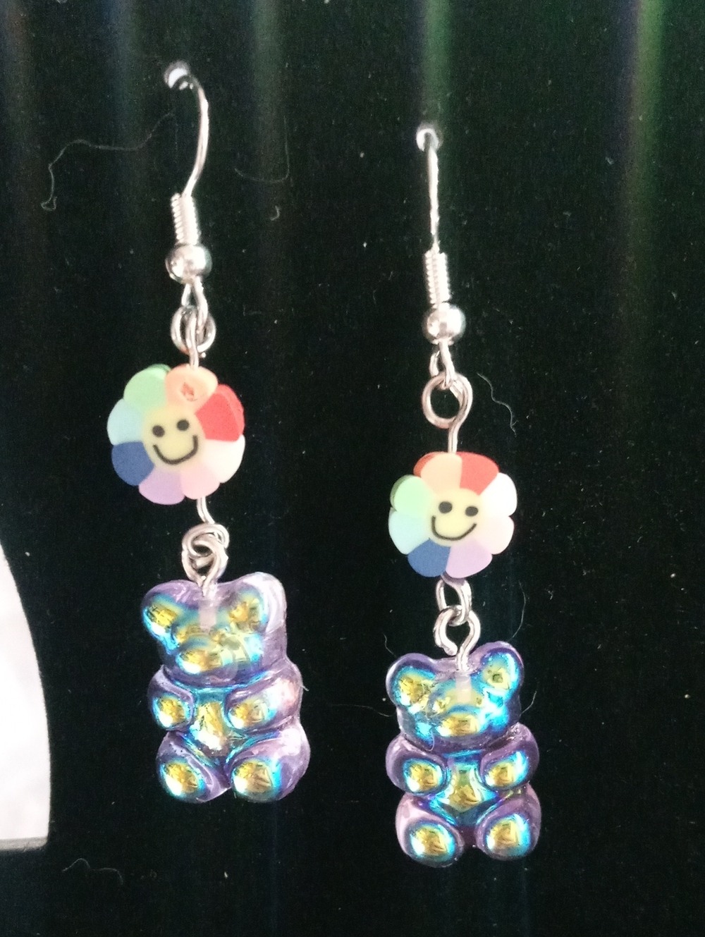 Kids Rainbow Smiley Flower Earrings with Iridescent Purple Gummy Bears